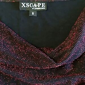 xscape black red shimmer stretch swoosh neck blouse